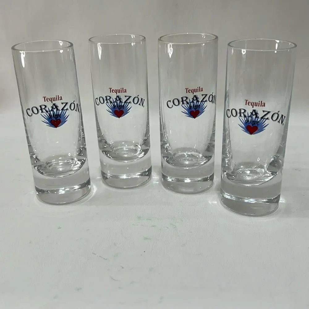 Tequila Corazon Shot Glasses 2 Oz Each Blue Red Writing 4 Included 4 1/4 In Tall